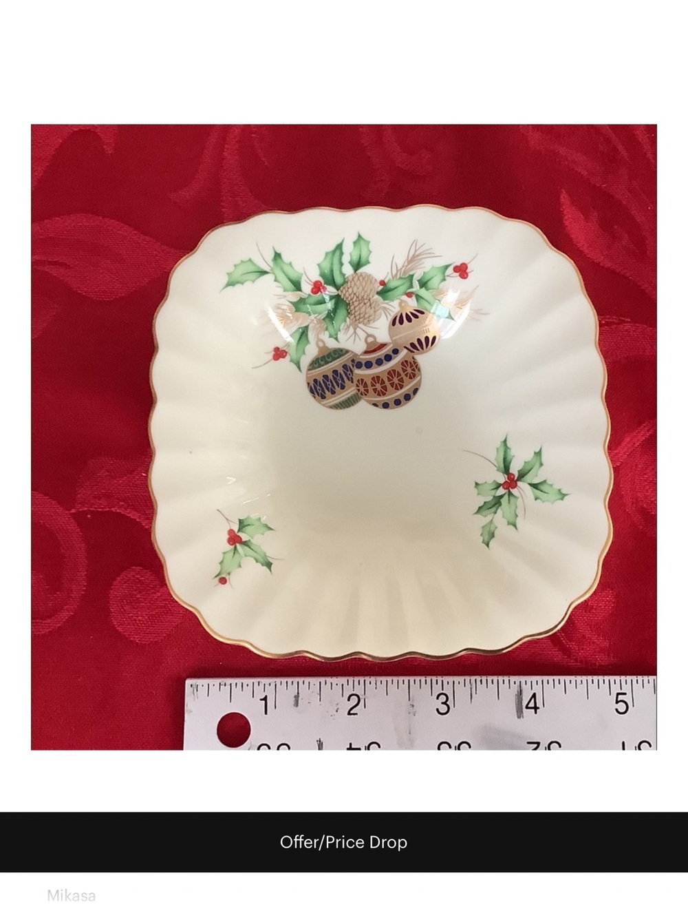 Mikasa Holiday Square Trinket Dish with Holly and Gold Trim
